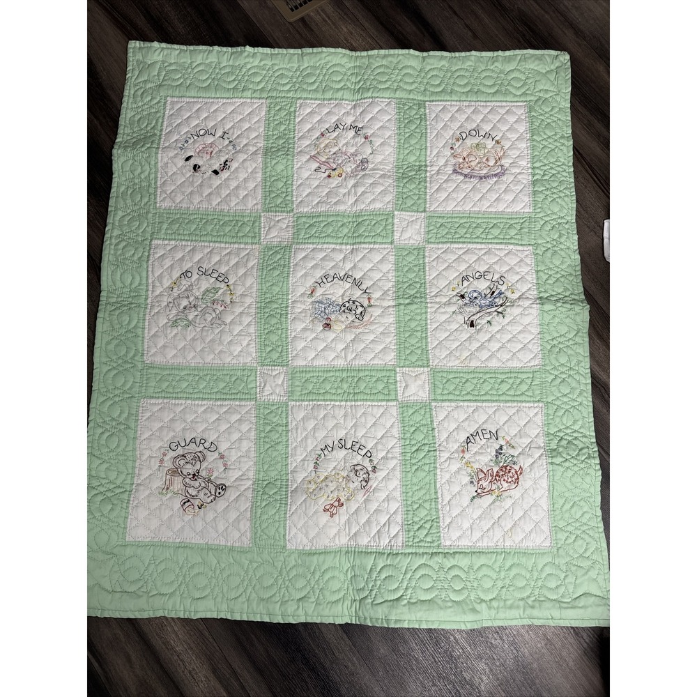 Vintage Quiltex Quilted Embroidered Kitschy Baby Blanket 36" x 50" Made USA